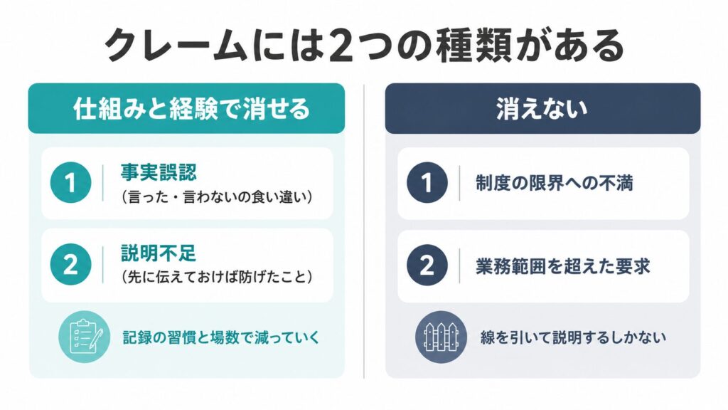クレームの4類型を「仕組みと経験で消せる(事実誤認・説明不足)」と「消えない(制度の限界への不満・業務範囲を超えた要求)」に分けた対比図