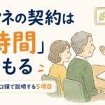 契約書類を前に説明するケアマネのイラスト。ケアマネの契約は2時間見積もる