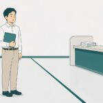 書類を1冊だけ抱えたケアマネジャーが、床に引かれた線のこちら側に立ち、線の向こう側にある役所の窓口を見ているイラスト