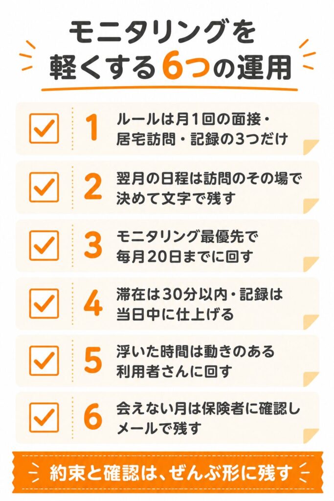 ケアマネのモニタリングを軽くする6つの運用のまとめ図解。月1回の面接・訪問・記録のルール、その場で翌月の日程を決める、毎月20日までに回す、滞在30分以内で記録は当日中、時間を動きのある利用者に配分、会えない月は保険者に確認してメールで残す