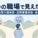 訪問介護併設・訪問看護併設・独立、3つの職場を経験したケアマネが分かれ道の前で考えるイラスト