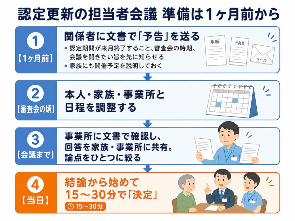 認定更新のサービス担当者会議の準備タイムライン（1ヶ月前に予告→審査会の頃に日程調整→文書で確認と共有→当日15〜30分で決定）
