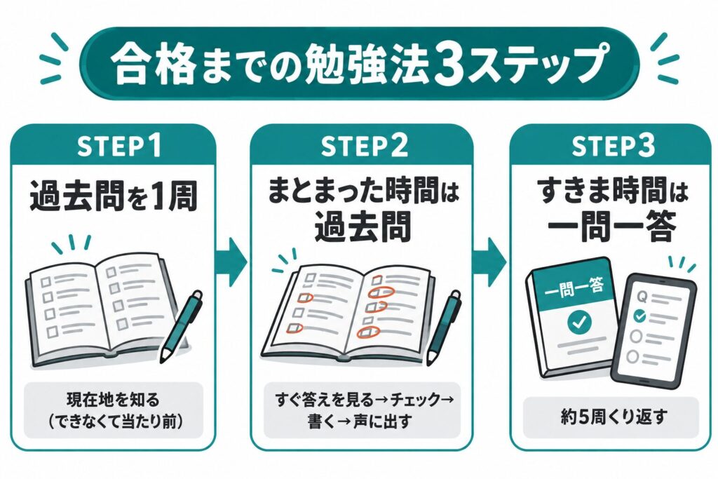 ケアマネ試験の勉強法3ステップ。ステップ1は過去問を1周して現在地を知る、ステップ2はまとまった時間に過去問(すぐ答えを見てチェック・書く・声に出す)、ステップ3はすきま時間に一問一答を約5周
